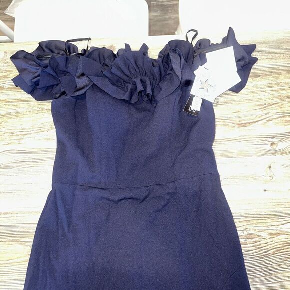 Xscape Navy Naya Off the Shoulder Ruffle Gown Size 8 $258 NWT. 12 - Picture 1 of 9